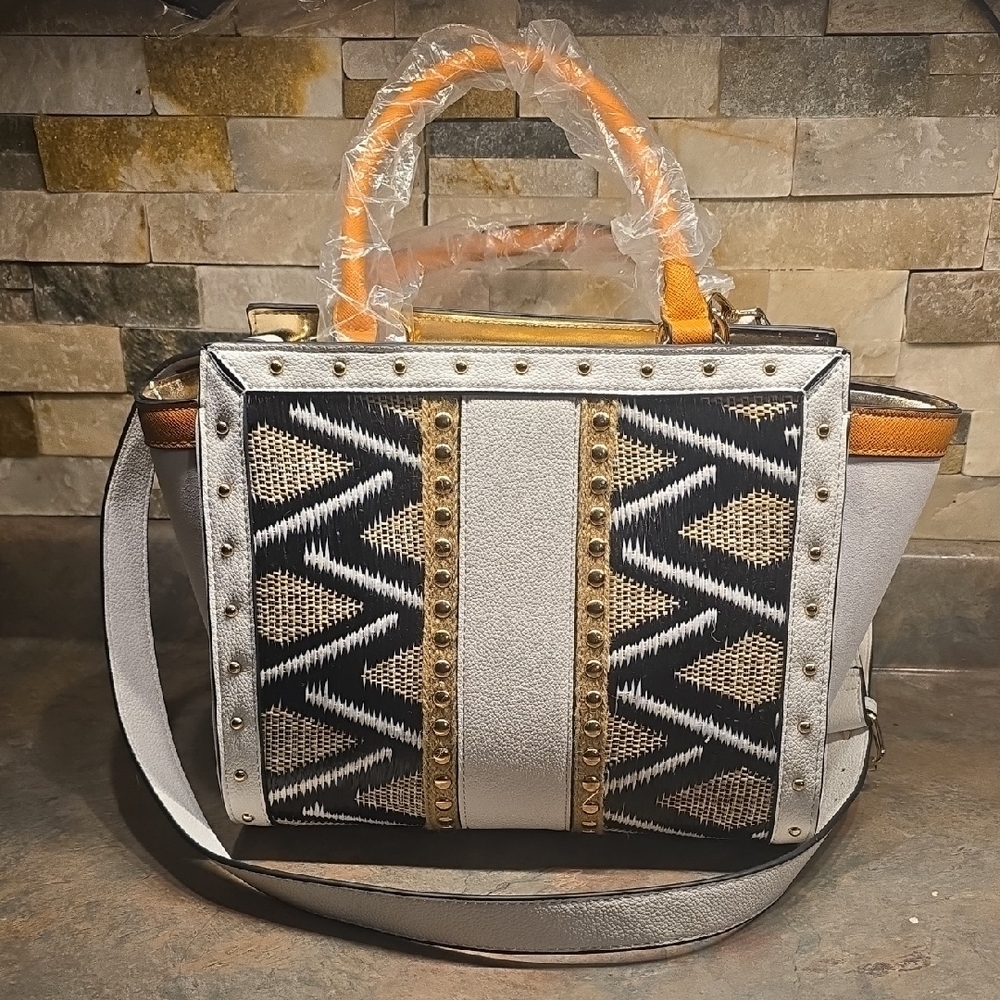 VENUS Black and White Satchel with Gold Accents